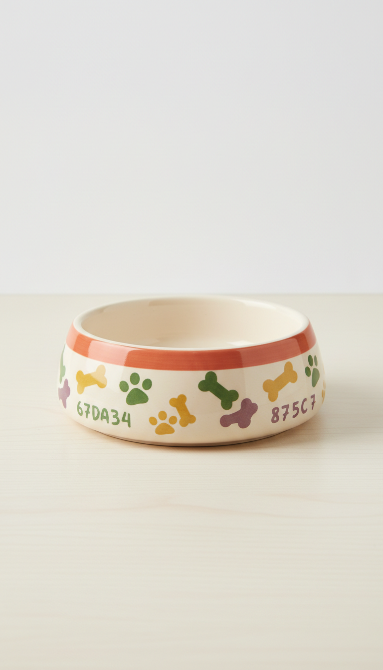 Illustrated terracotta and green ceramic pet feeding bowl