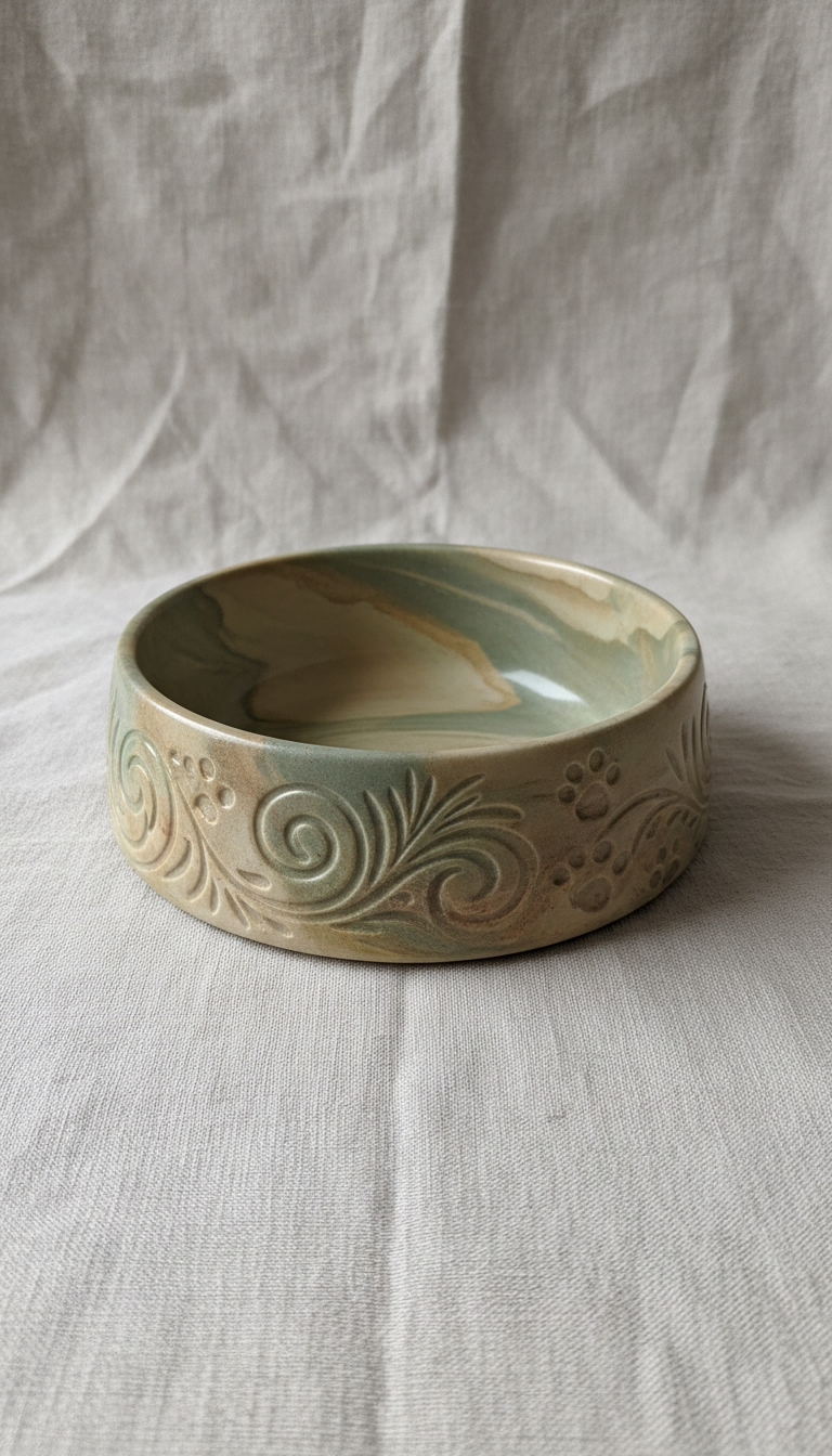 Handcrafted eco-friendly stoneware pet bowl in natural sage tone