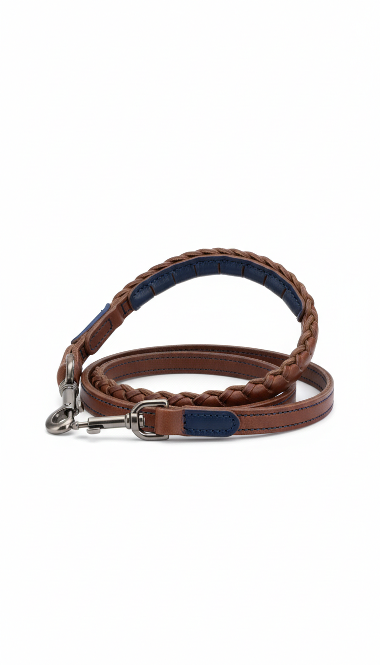 Premium full-grain leather dog training lead with midnight blue accents