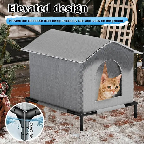 Waterproof raised cat shelter with pitched roof