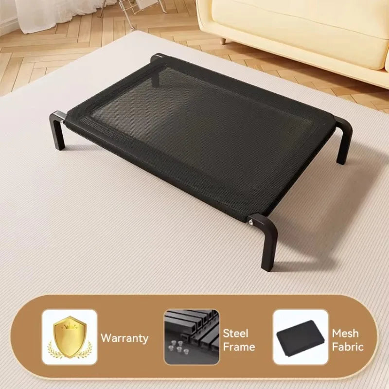 Elevated dog bed used outdoors on a patio