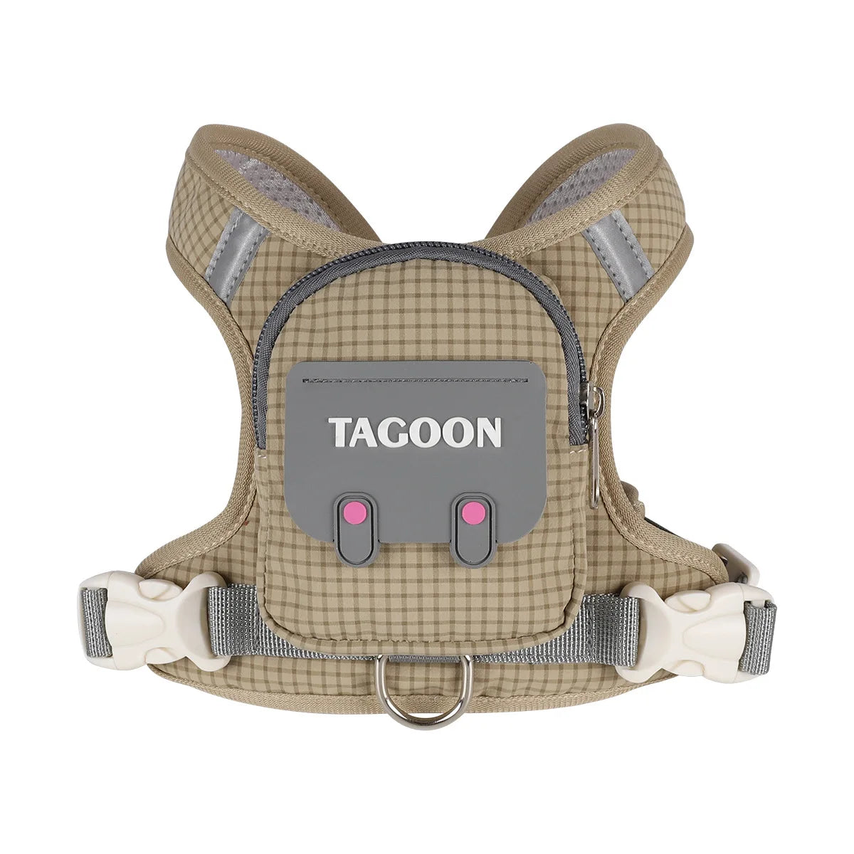 Ramble backpack dog harness in sand check with grey trim