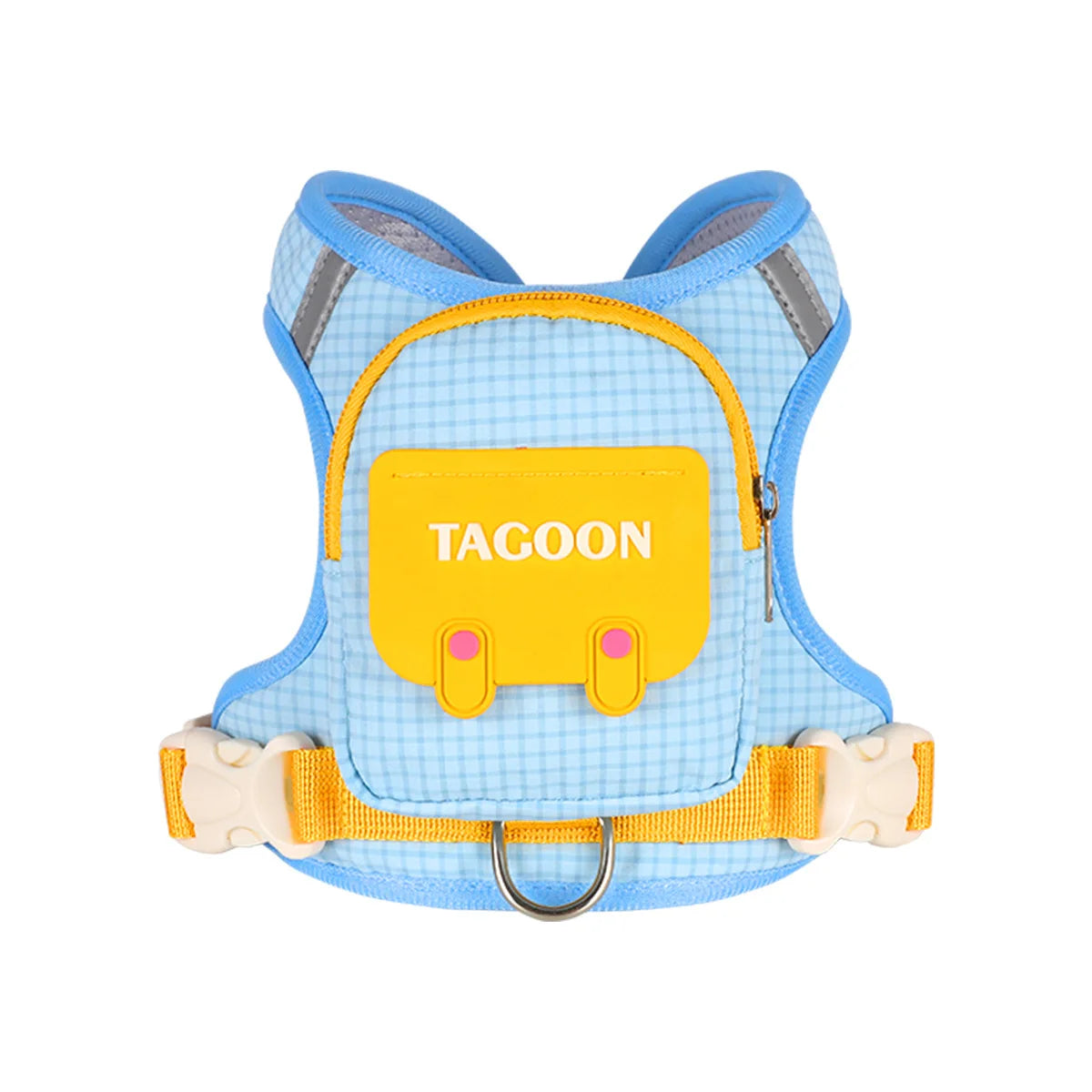 Ramble backpack dog harness in sky blue check with yellow trim