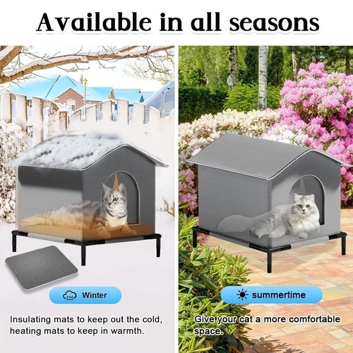 Haven outdoor cat house shown in winter and summer conditions