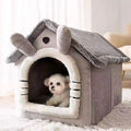 Burrow covered pet house bed in grey with cat ears, small dog inside