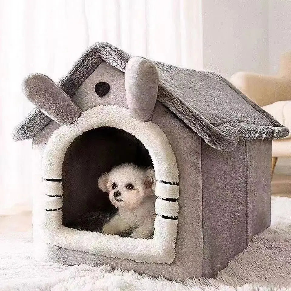 Burrow covered pet house bed in grey with cat ears, small dog inside