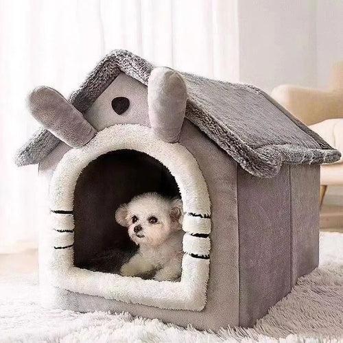 Burrow covered pet house bed in grey with cat ears, small dog inside