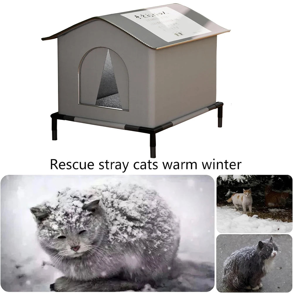 Outdoor cat house interior with sleeping mat