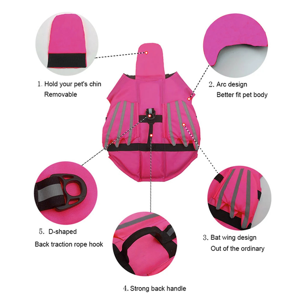 Close-up of the reinforced rescue handle on the dog life jacket