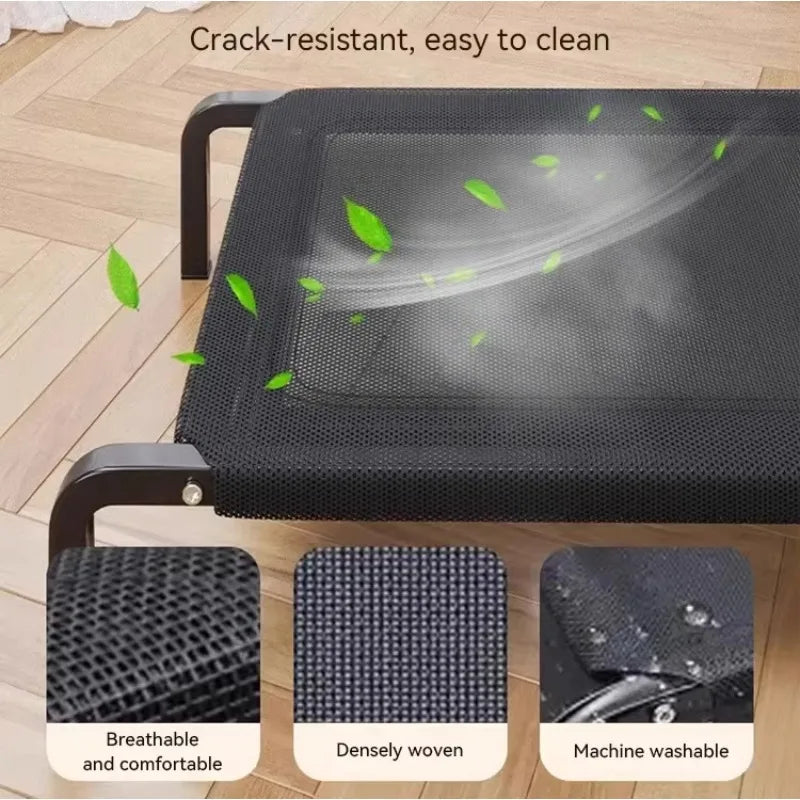 Elevated dog bed shown from the side on a steel frame