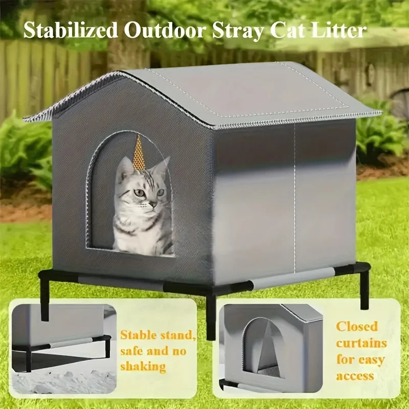 Cat inside the raised outdoor shelter, showing the stand and door flap