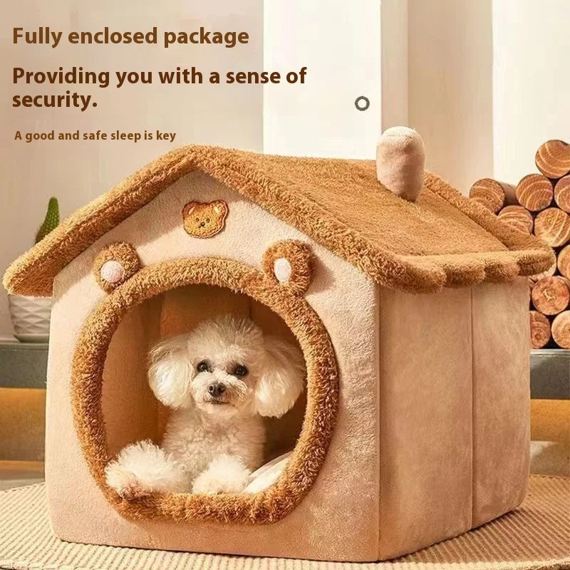Burrow covered pet house bed in caramel with embroidered bear face