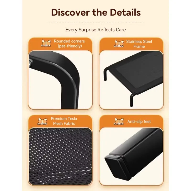 Detail of rounded corners, steel frame, breathable mesh and non-slip feet
