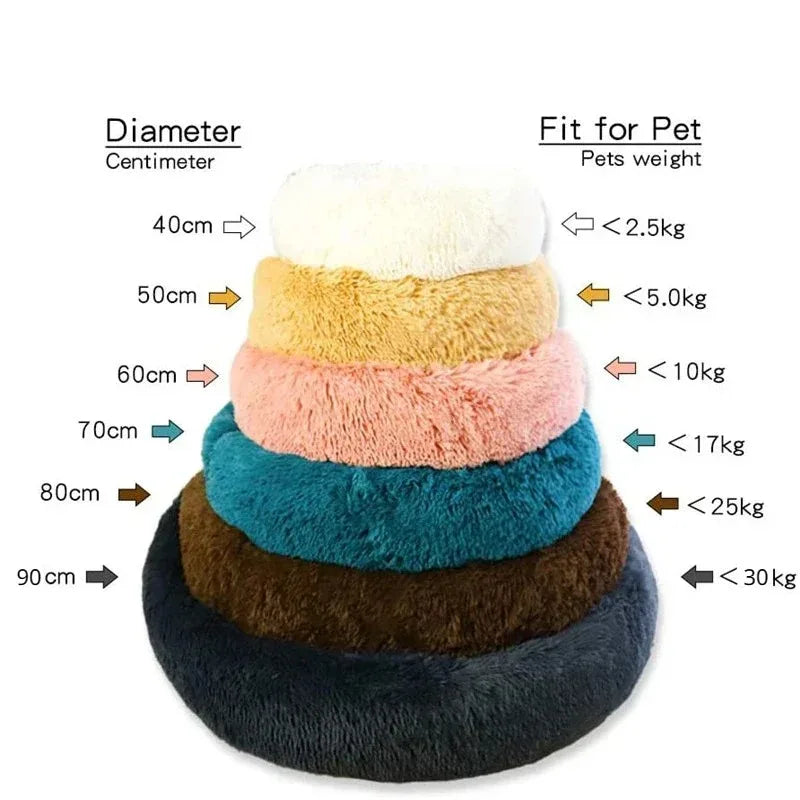 Nestle pet bed shown in six diameters from 40cm to 90cm