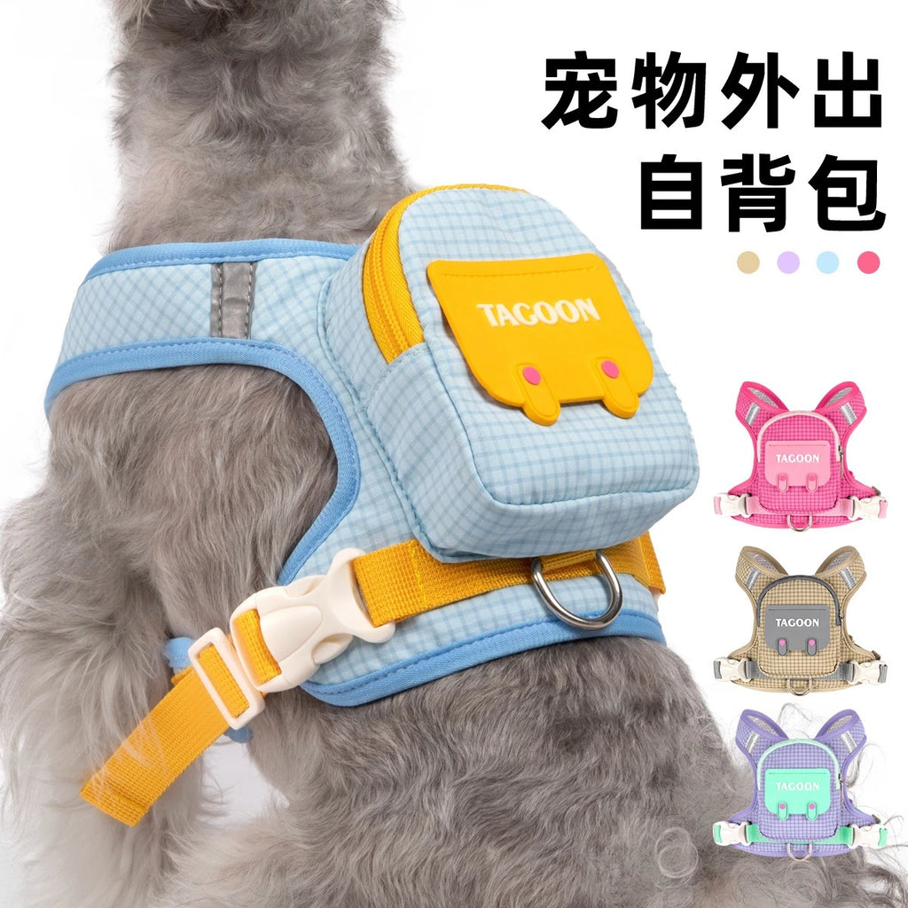 Dog wearing the Ramble backpack harness on a walk