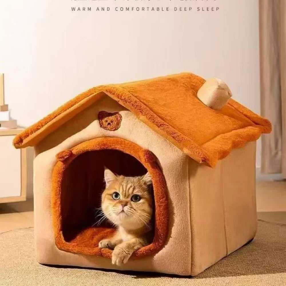 Cat resting inside the enclosed coral fleece house bed