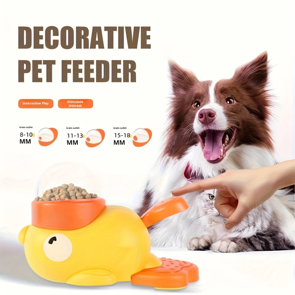 Three outlet settings for different kibble sizes, shown with a dog