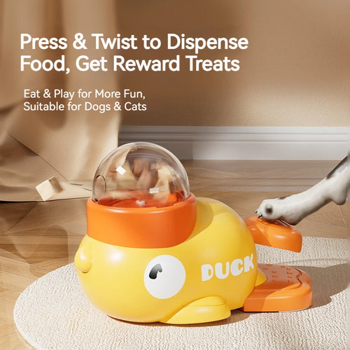 The Treat Duck dispenser with a dog pressing the orange paddle