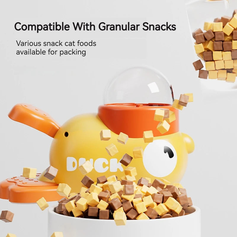 The dispenser works with granular treats and dry kibble