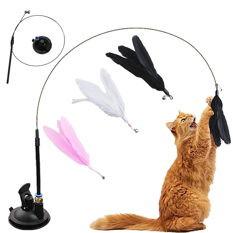 Interactive Suction Cup Cat Wand Toy with Simulation Feather